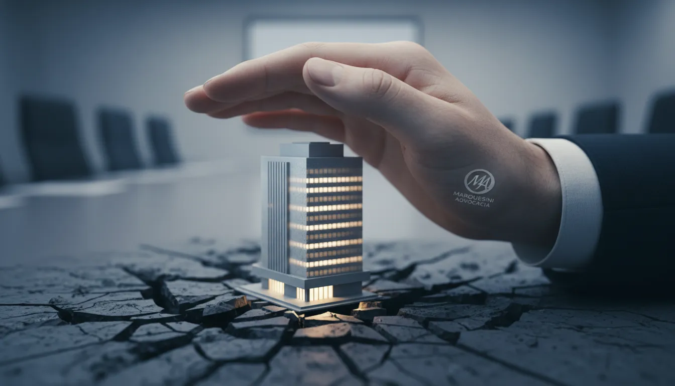 Mão protetora protegendo um prédio em miniatura, representando a proteção de bens da empresa contra a alienação fiduciária.