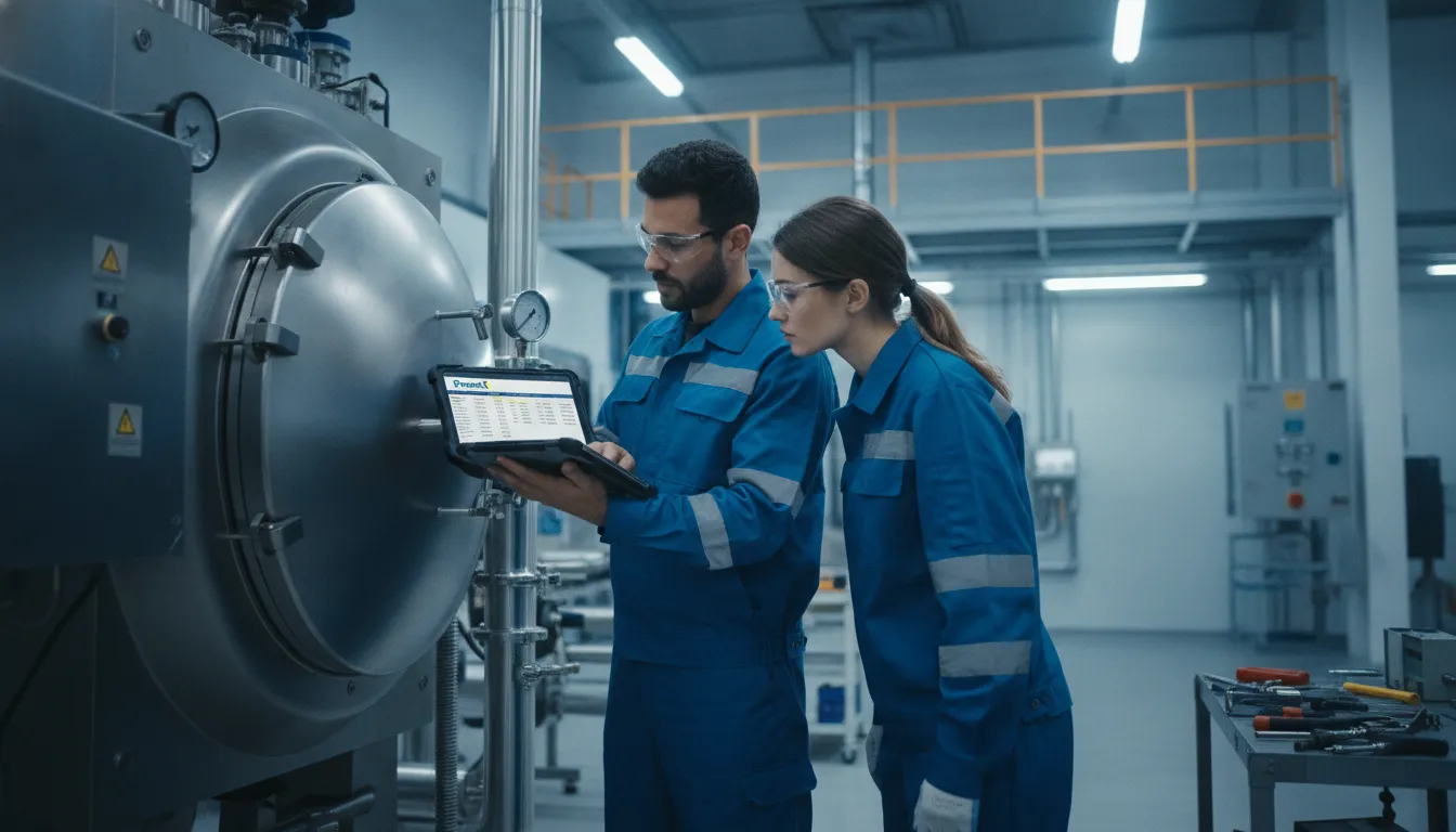 Equipe técnica utiliza plataforma PrevenX para gerenciar a manutenção preventiva de autoclaves industriais, otimizando processos.
