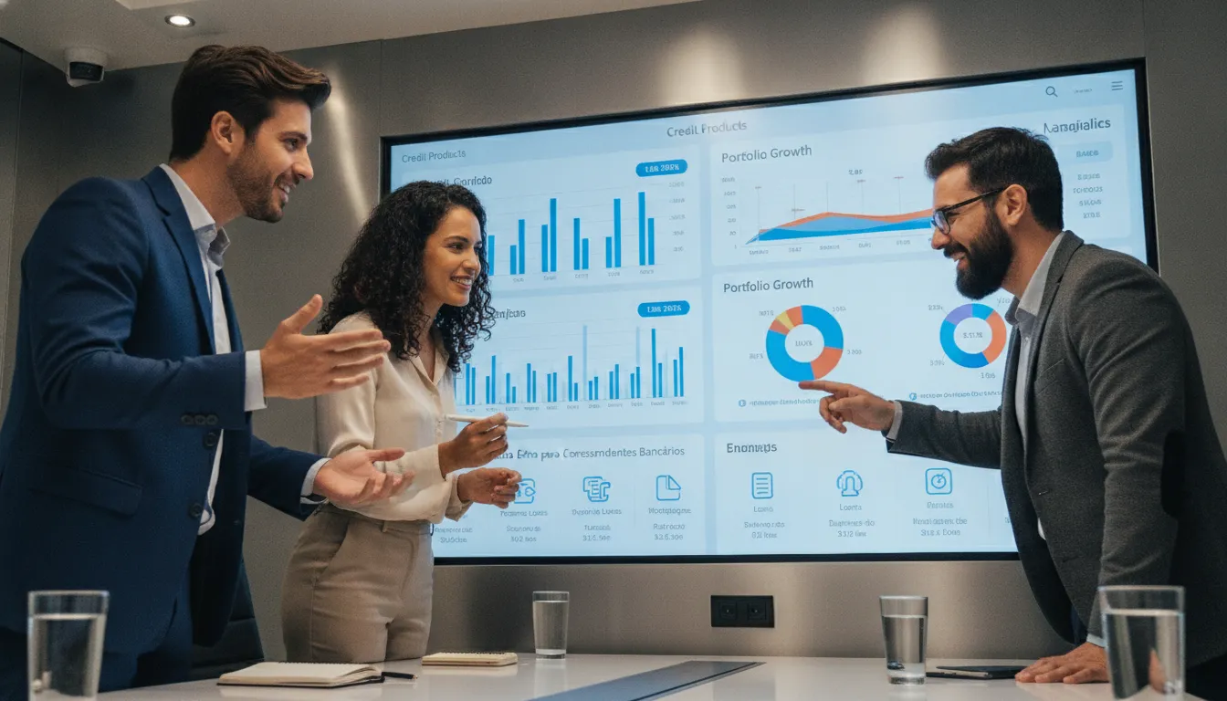 Equipe colaborando em tela digital para expandir portfólio de crédito, buscando renda extra para correspondentes bancários.