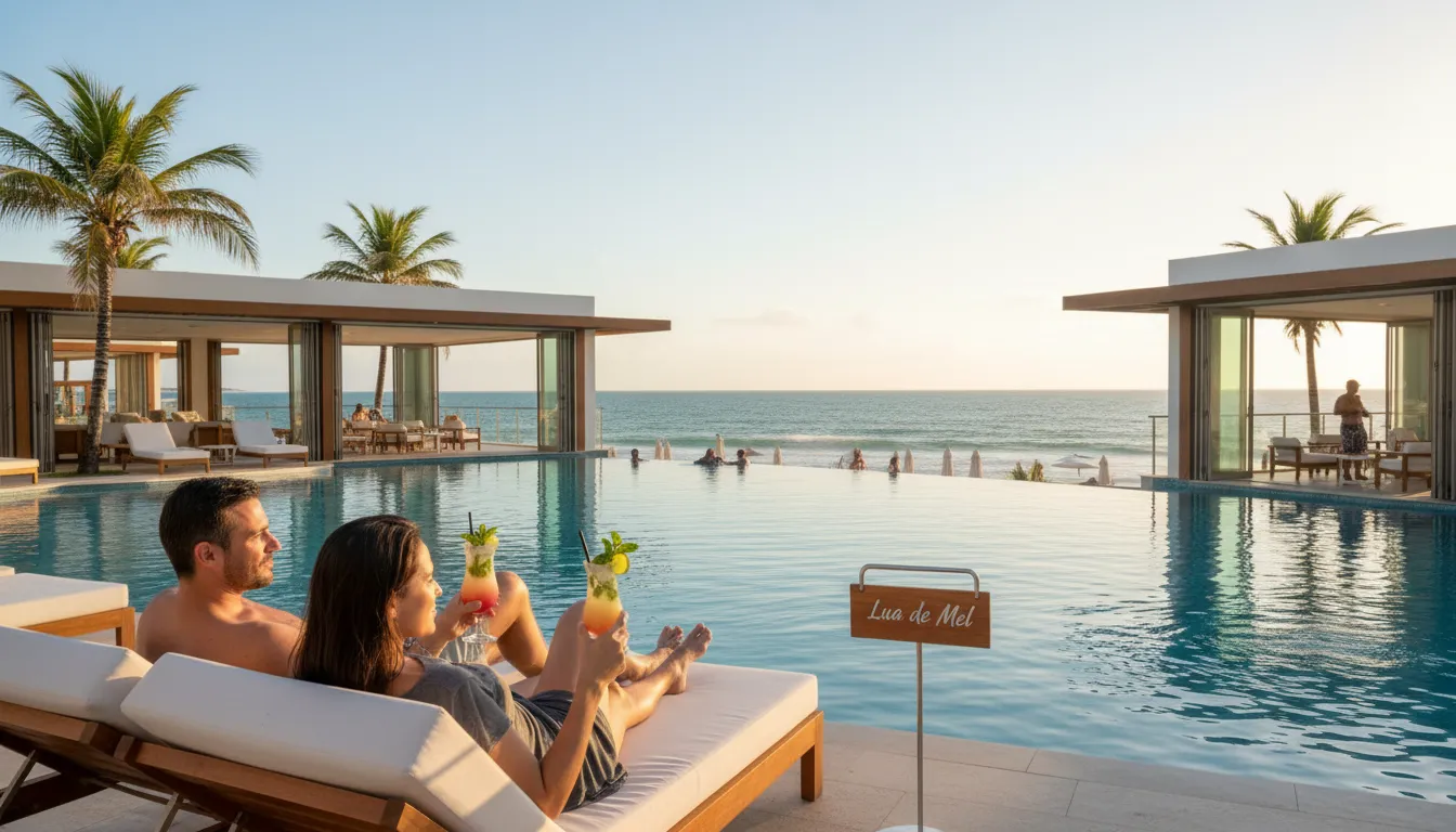 Casal relaxando em resort de luxo em Porto de Galinhas, curtindo a lua de mel no nordeste com todo o conforto.