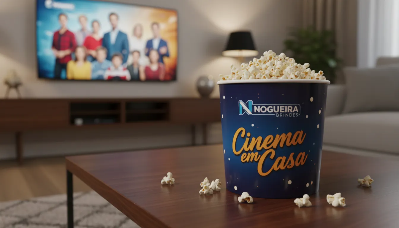 Close-up vibrante de um balde de pipoca personalizado da Nogueira Brindes transbordando pipoca fresca em uma sala de estar moderna, ideal para uma noite de cinema em casa.