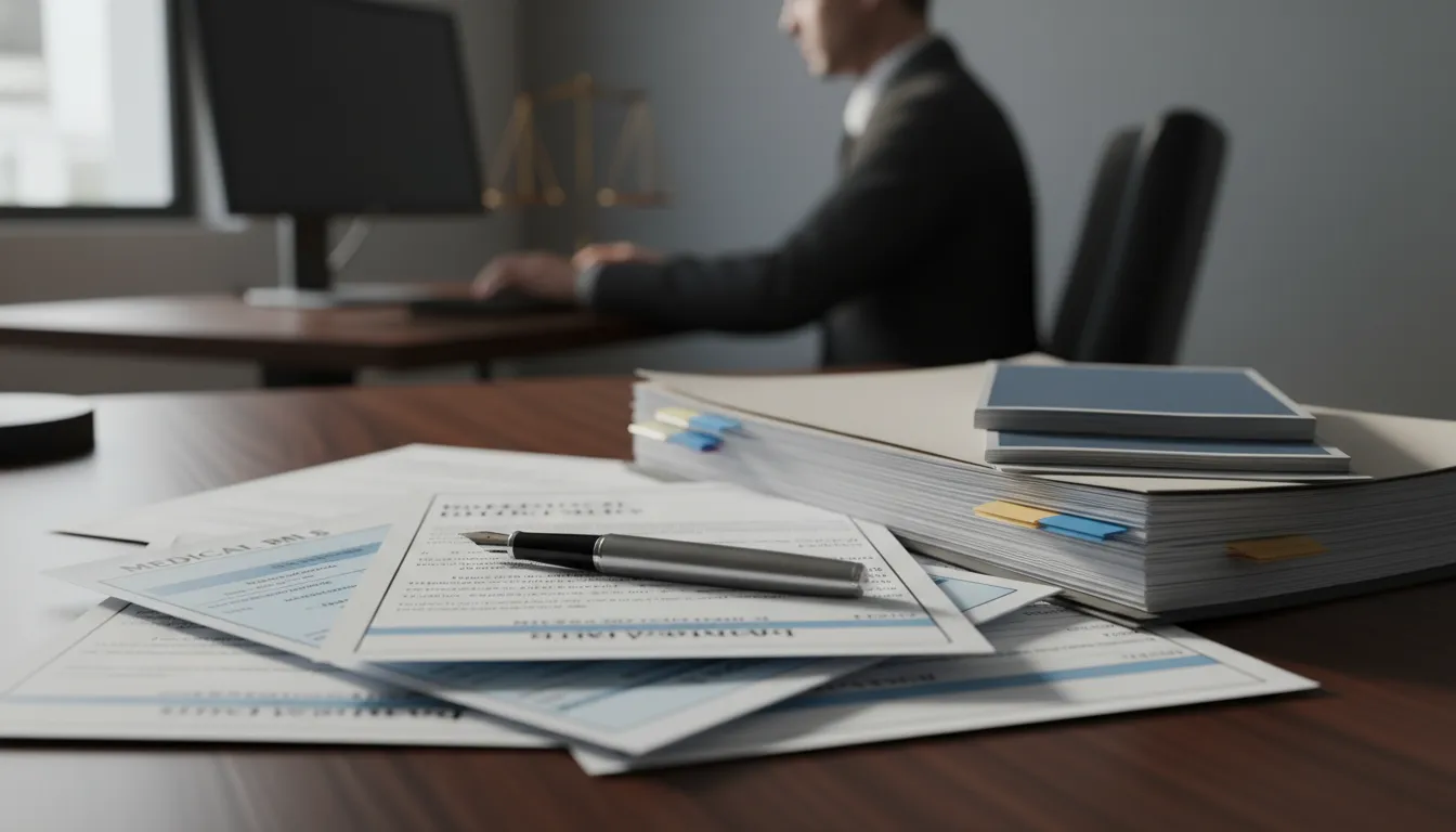 Detalhes de documentos jurídicos em uma mesa, incluindo contas médicas e apólices, representando o trabalho do advogado na defesa do cliente.