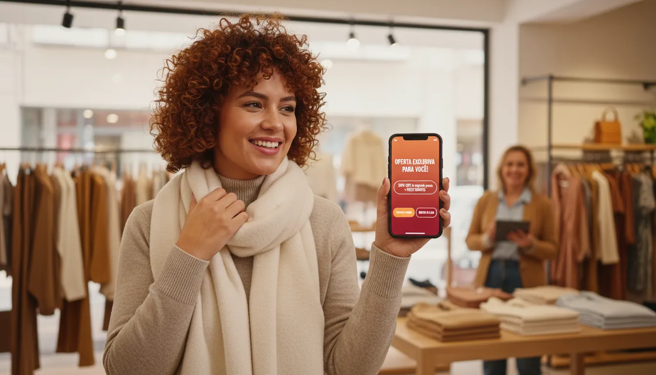 Cliente recebe ofertas personalizadas no celular enquanto experimenta produto na loja física, ilustrando experiência multicanal.