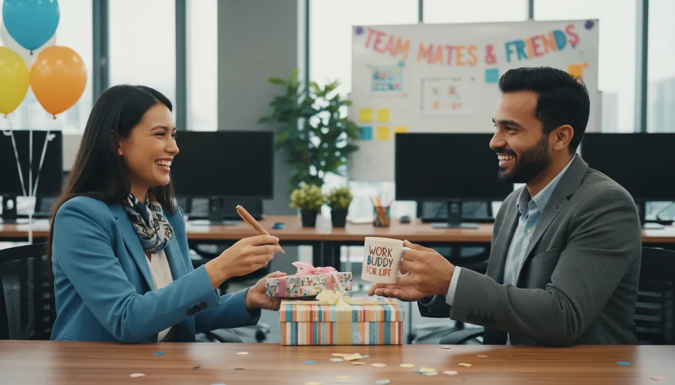 Troca de brindes personalizados entre colegas, celebrando o Dia do Amigo no ambiente corporativo.