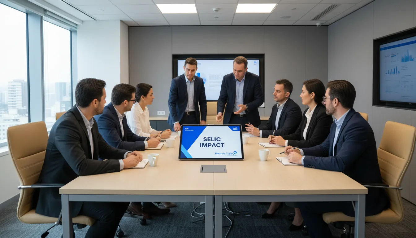 Reunião de equipe em escritório moderno discutindo estratégias financeiras e o impacto da taxa selic hoje, com o logo da Financia Tudo.