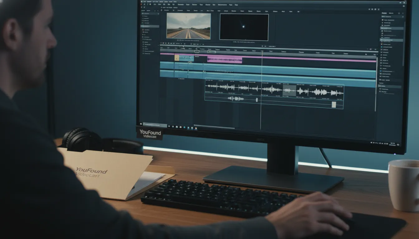 Edição detalhada de um videocast da YouFound em uma timeline de vídeo, mostrando o processo de pós-produção.
