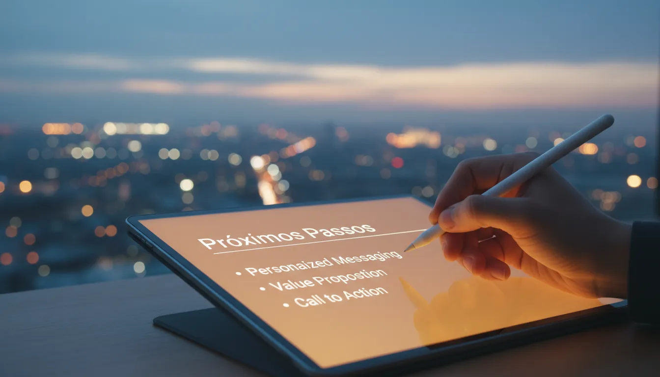 Anotações sobre estratégias de follow-up em um tablet, focando em mensagens personalizadas e proposta de valor, essenciais na cadência pós-reunião para otimizar a tomada de decisão.