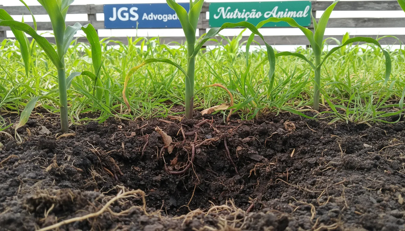Imagem detalhada da dobradinha milho capim, mostrando a saúde do solo e a nutrição animal proporcionada. A marca JGS Advogados está presente na cena.