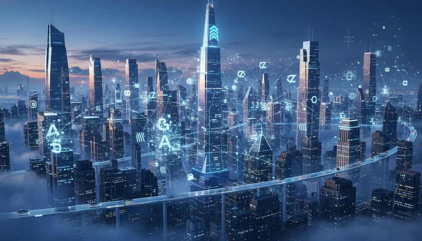 Uma paisagem urbana futurista com palavras-chave flutuando no ar, interconectadas por linhas que representam estratégias de seo palavras chave.