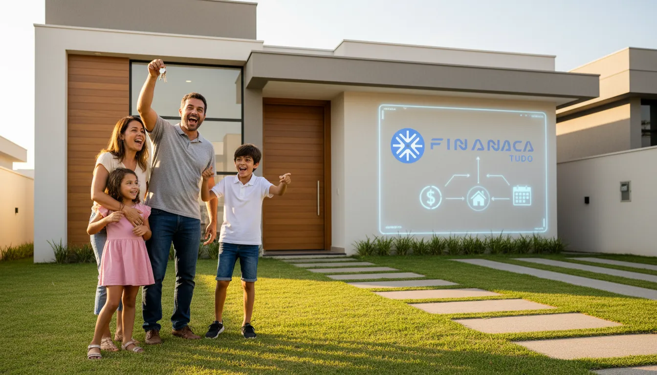 Família brasileira feliz alcançando o sonho da casa própria com um planejamento eficaz de crédito com garantia.