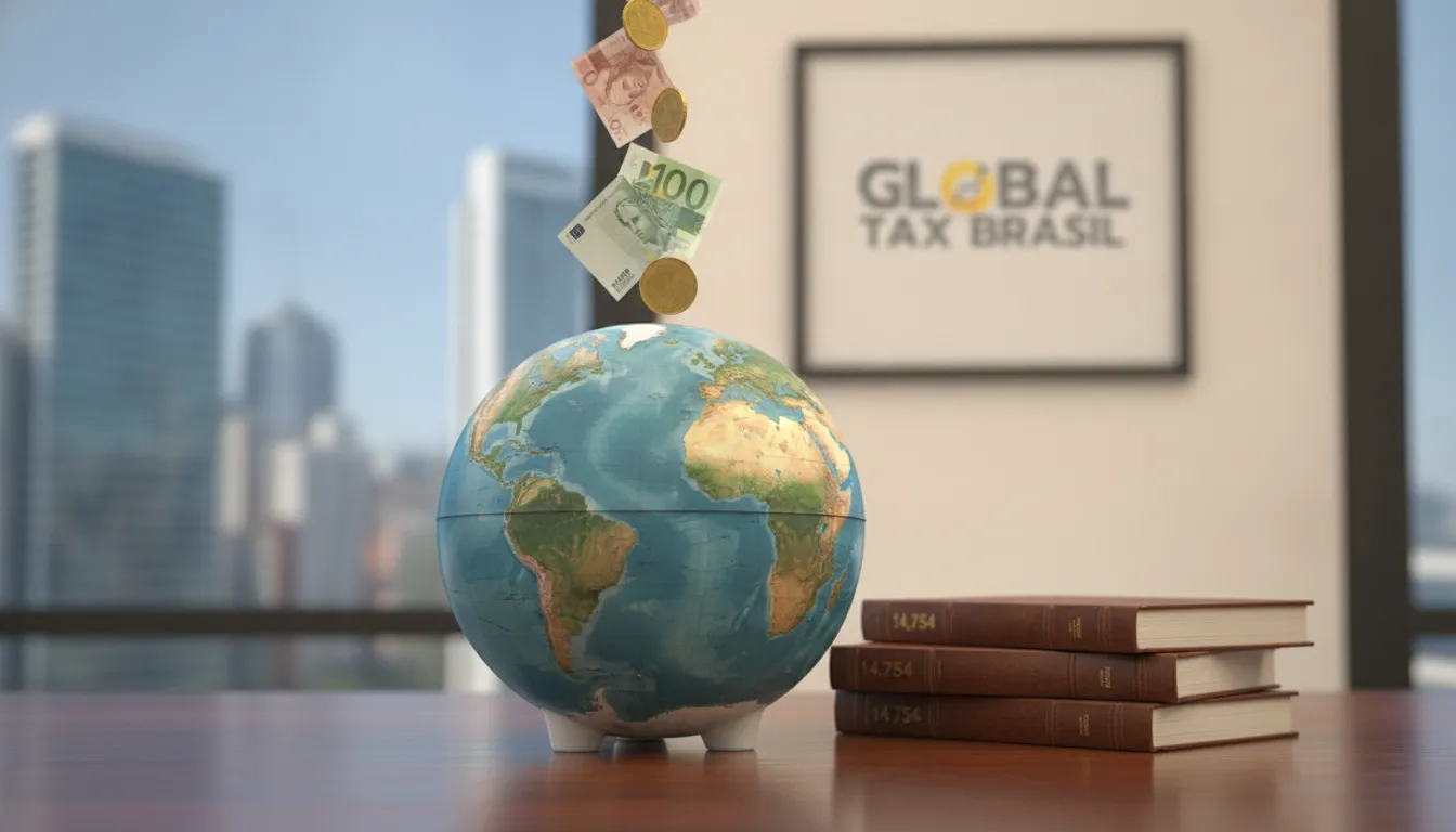 Cofre globo recebe moedas internacionais, simbolizando gestão financeira e empresa exterior tributação.