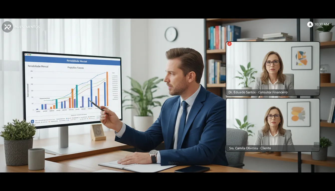 Consultor financeiro orientando cliente durante videoconferência