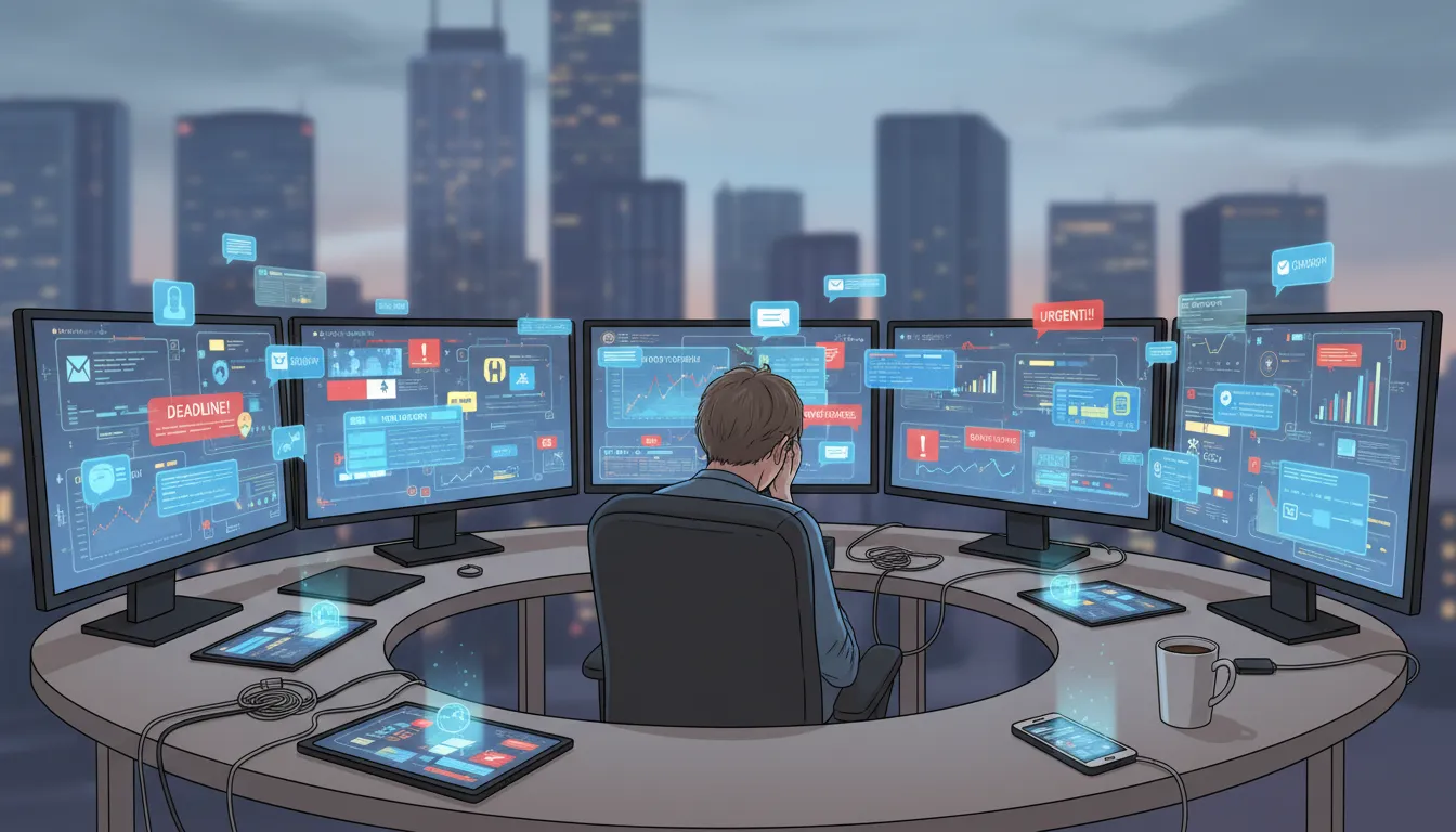 Pessoa estressada em local de trabalho digital, cercada por telas e notificações, demonstrando sobrecarga.