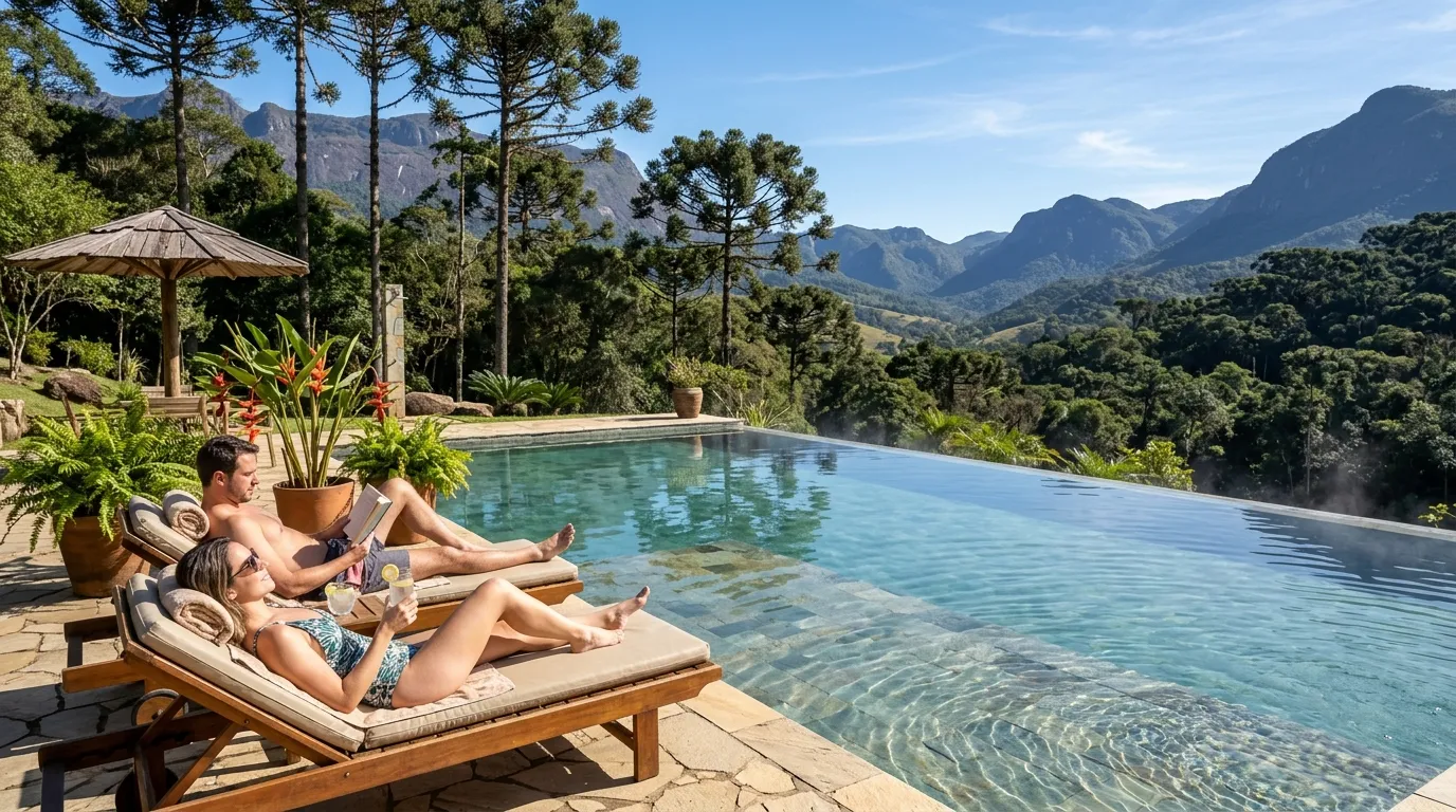 Piscina externa em hotel fazenda cercada por natureza exuberante e montanhas ao fundo.