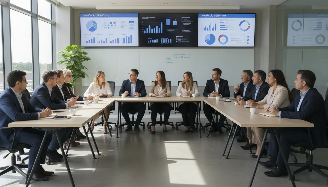 Grupo reunido em assembleia analisando propostas de consórcio imobiliário de forma colaborativa e planejada.
