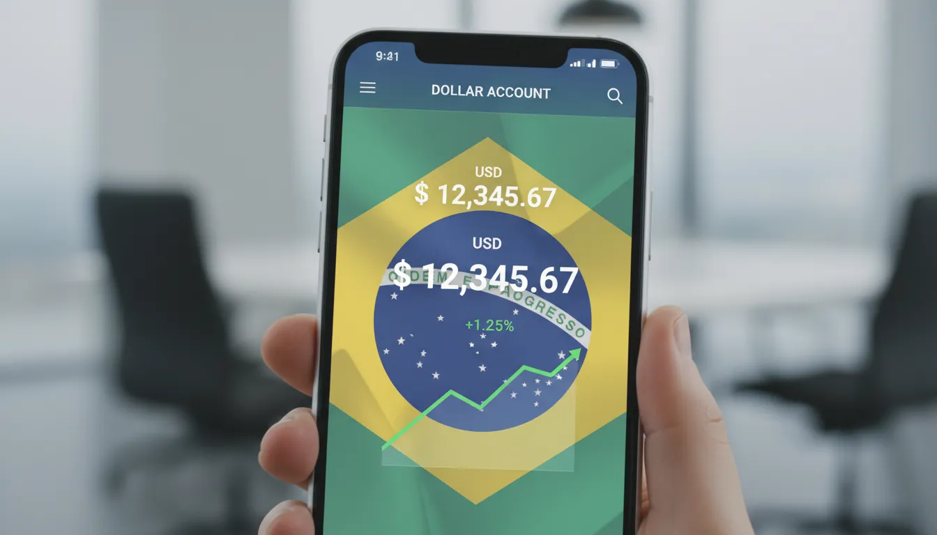 Interface de app de banco digital mostrando saldo crescente em conta em dolar, com sutil motivo da bandeira brasileira ao fundo.