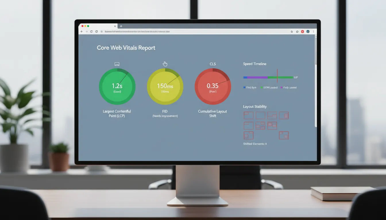 Tela exibe indicadores dos Core Web Vitals com alertas de performance em ambiente corporativo moderno.