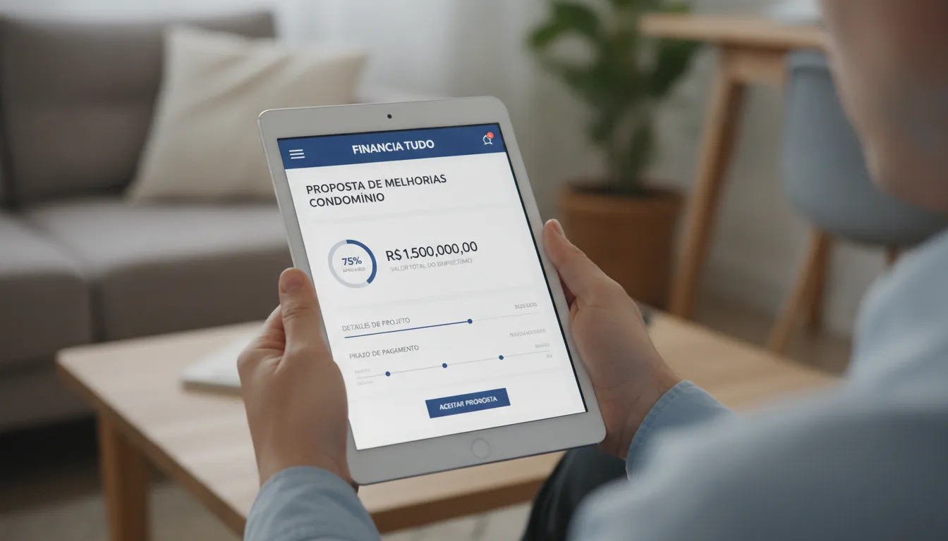 Mãos seguram tablet exibindo proposta de financiamento para condomínio na plataforma Financia Tudo, com foco na transparência.
