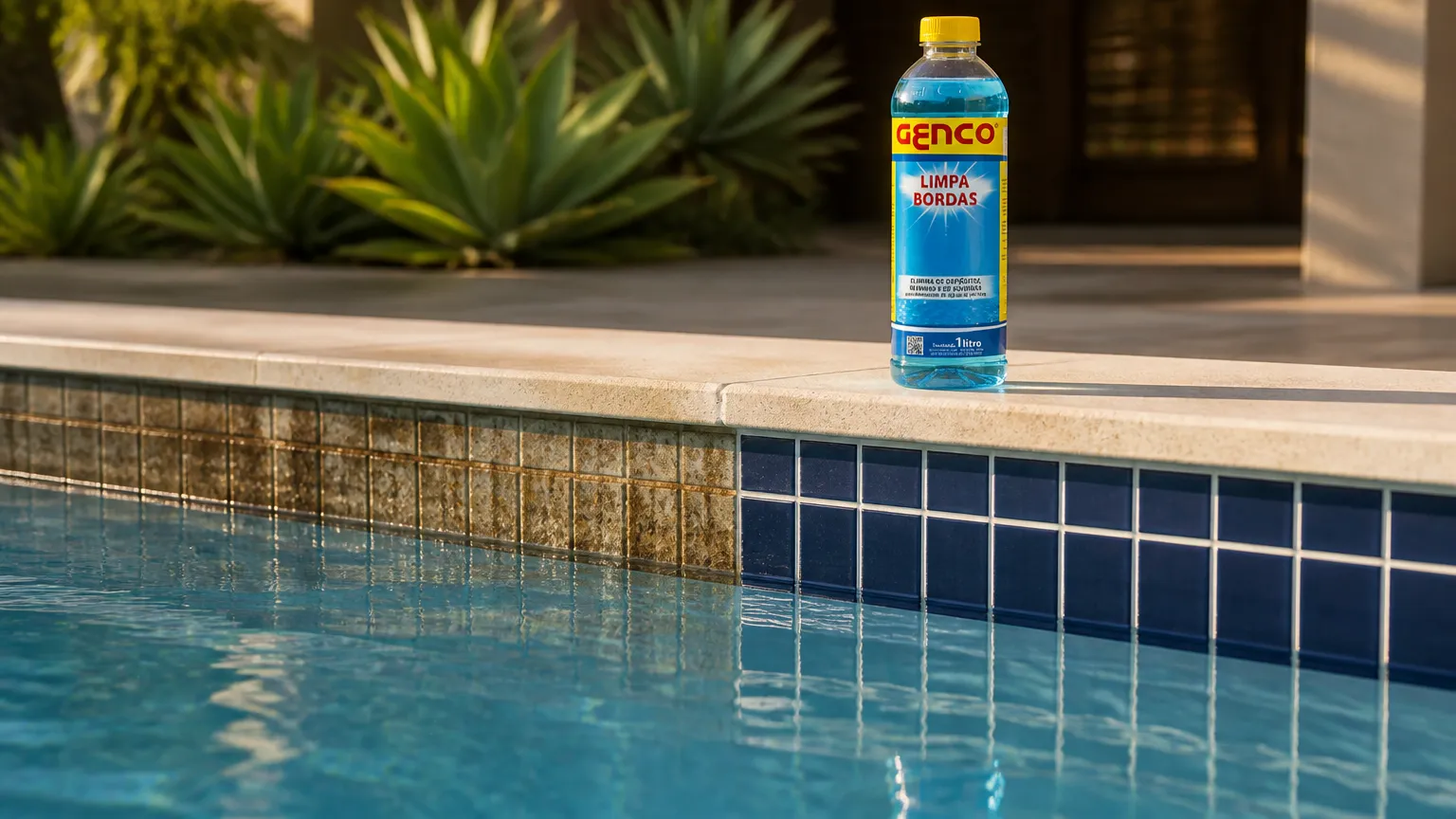 Resultado impecável ensinando como limpar borda de piscina com acabamento brilhante e água cristalina.
