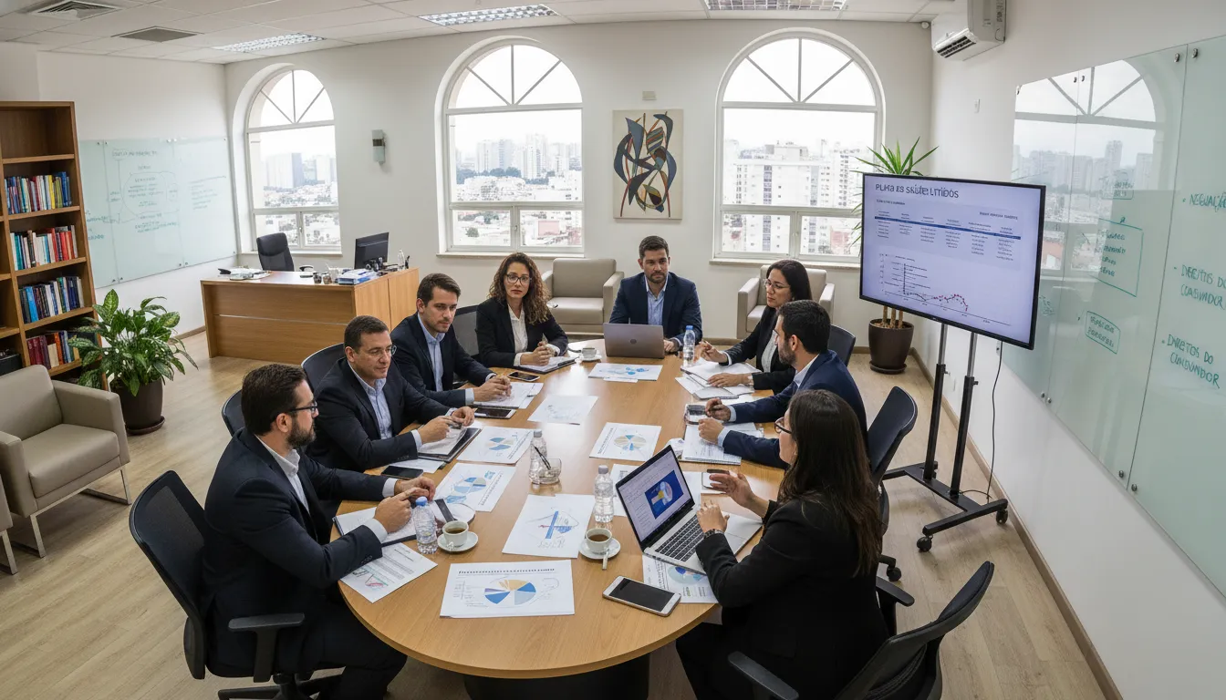 Equipe de advogado em Bauru colaborando em estratégia para defender os direitos de pacientes contra planos de saúde.