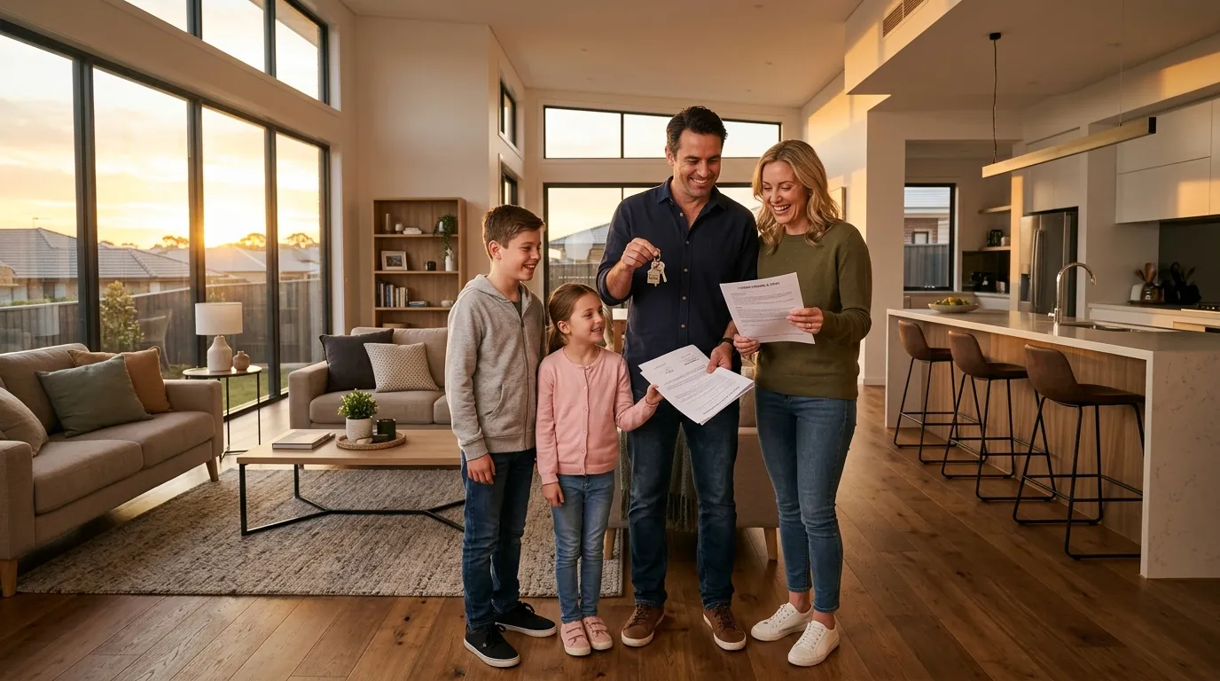 Família satisfeita ao definir prazo crédito com garantia de imóvel com economia e segurança.