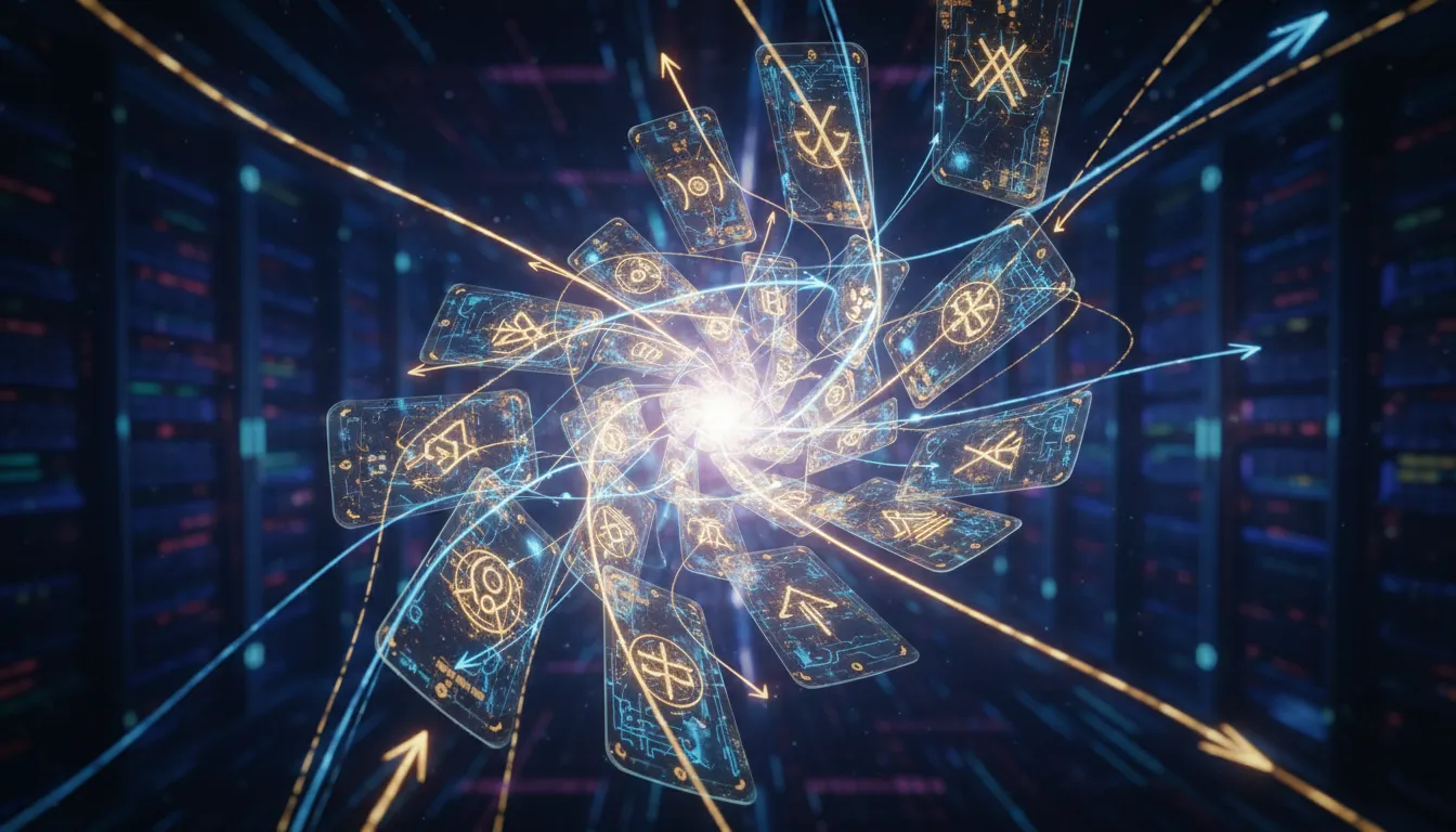 Representação abstrata de cartas de tarot online interconectadas em espaço digital, simbolizando clareza, direcionamento e insights.