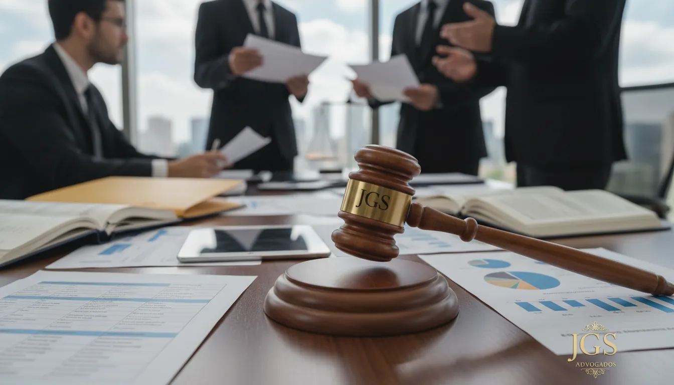 Um martelo de juiz batendo em um bloco de som em um escritório, representando a possibilidade de revisão capital de giro judicial com o auxílio da JGS Advogados.