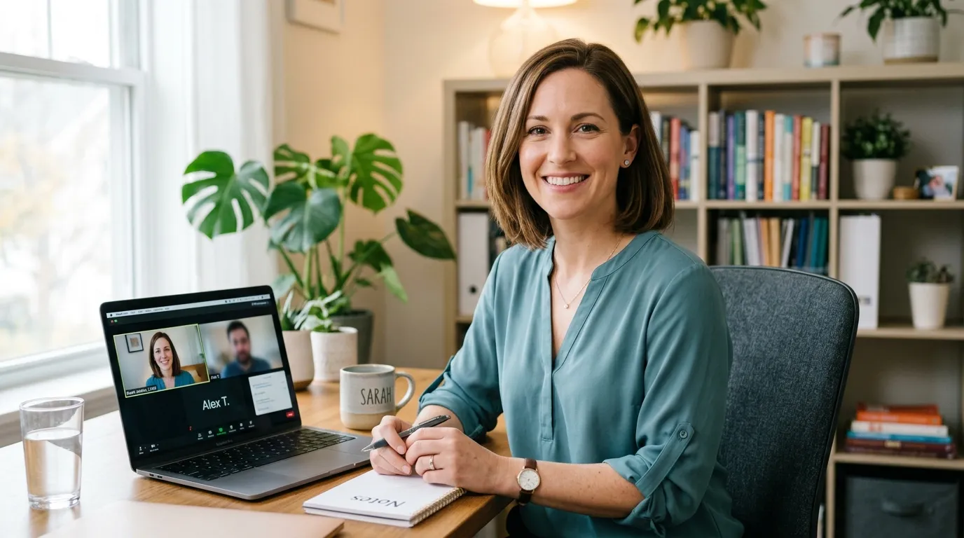 Psicóloga online sorrindo pronta para oferecer ajuda psicológica profissional por videochamada.