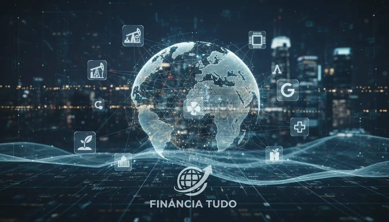 Visão panorâmica do mercado de ações global, representando a diversidade de oportunidades em ações que pagam dividendos com Financia Tudo.