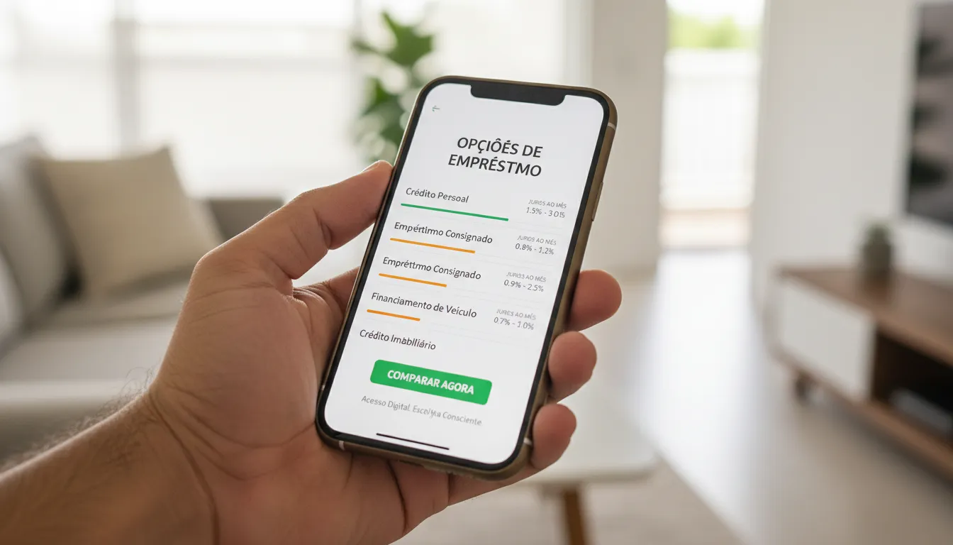 Mão masculina segurando smartphone com comparação de taxas de empréstimos, destacando acesso digital e escolha informada.