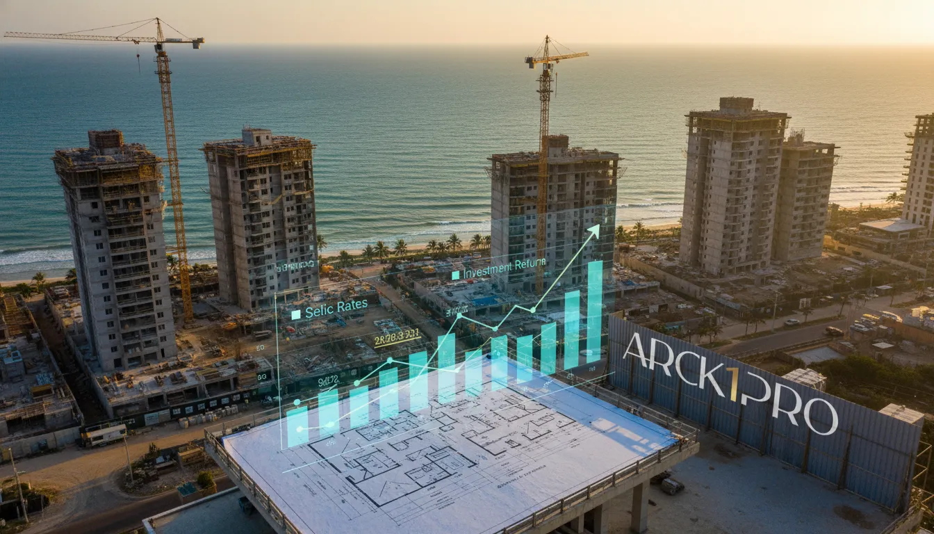 Vista aérea de condomínio costeiro em construção com gráficos financeiros, ligando Selic e mercado imobiliário.