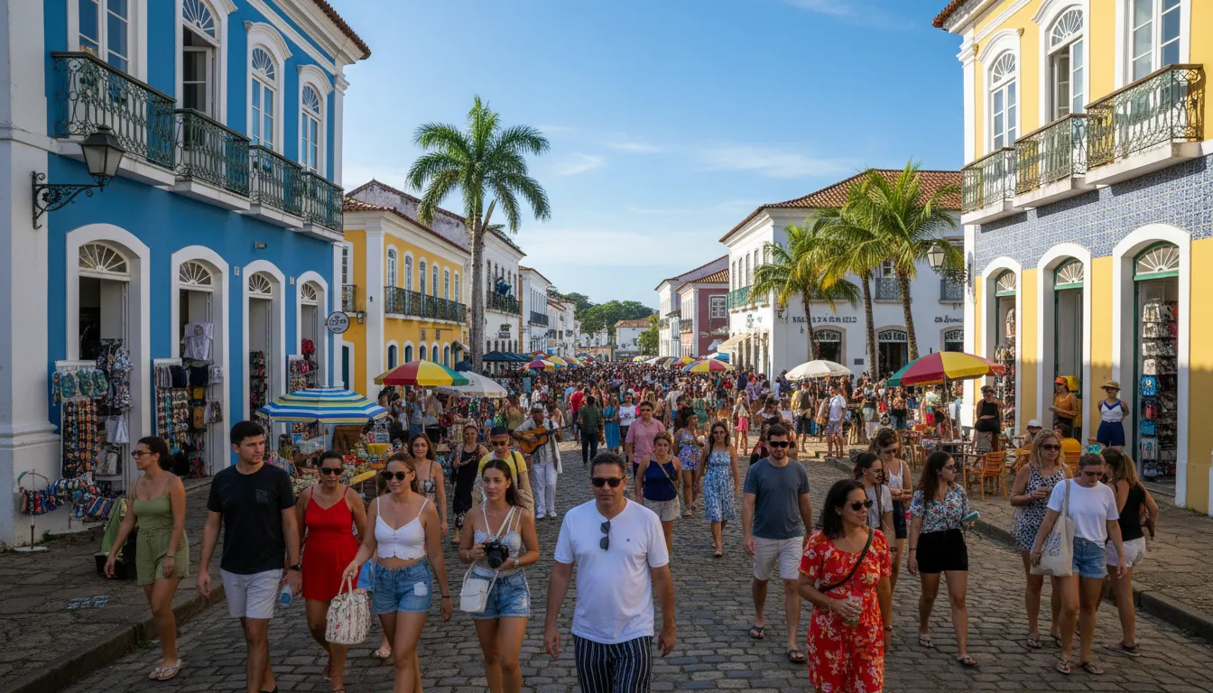 Rua movimentada em Porto Seguro, mostrando a atmosfera animada e a rica história local, ideal para decidir entre Arraial ou Porto Seguro.