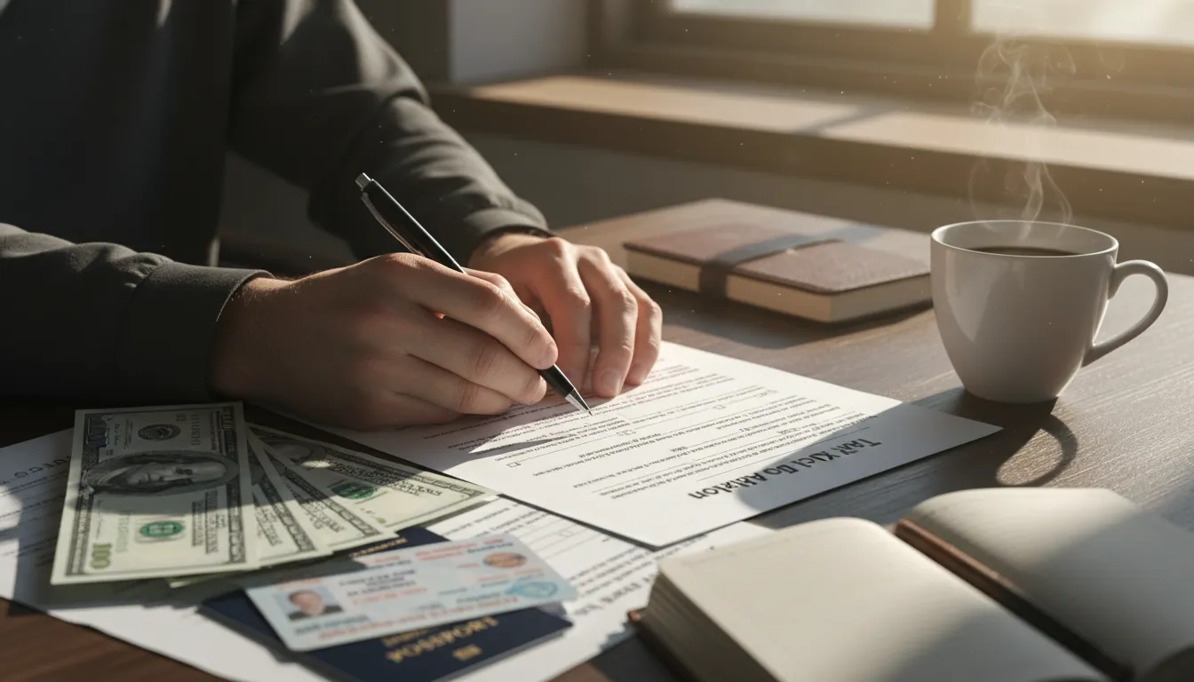 Persona rellenando aplicación de Tax ID con documentos oficiales y dinero estadounidense en el escritorio.