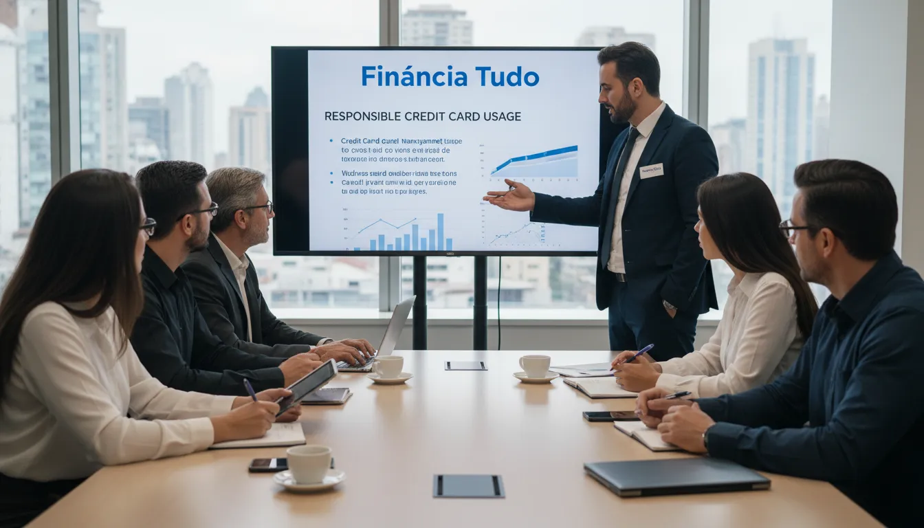 Grupo diverso reunido com consultor da Financia Tudo, discutindo estratégias para usar cartão de crédito de forma inteligente e otimizar as finanças pessoais.