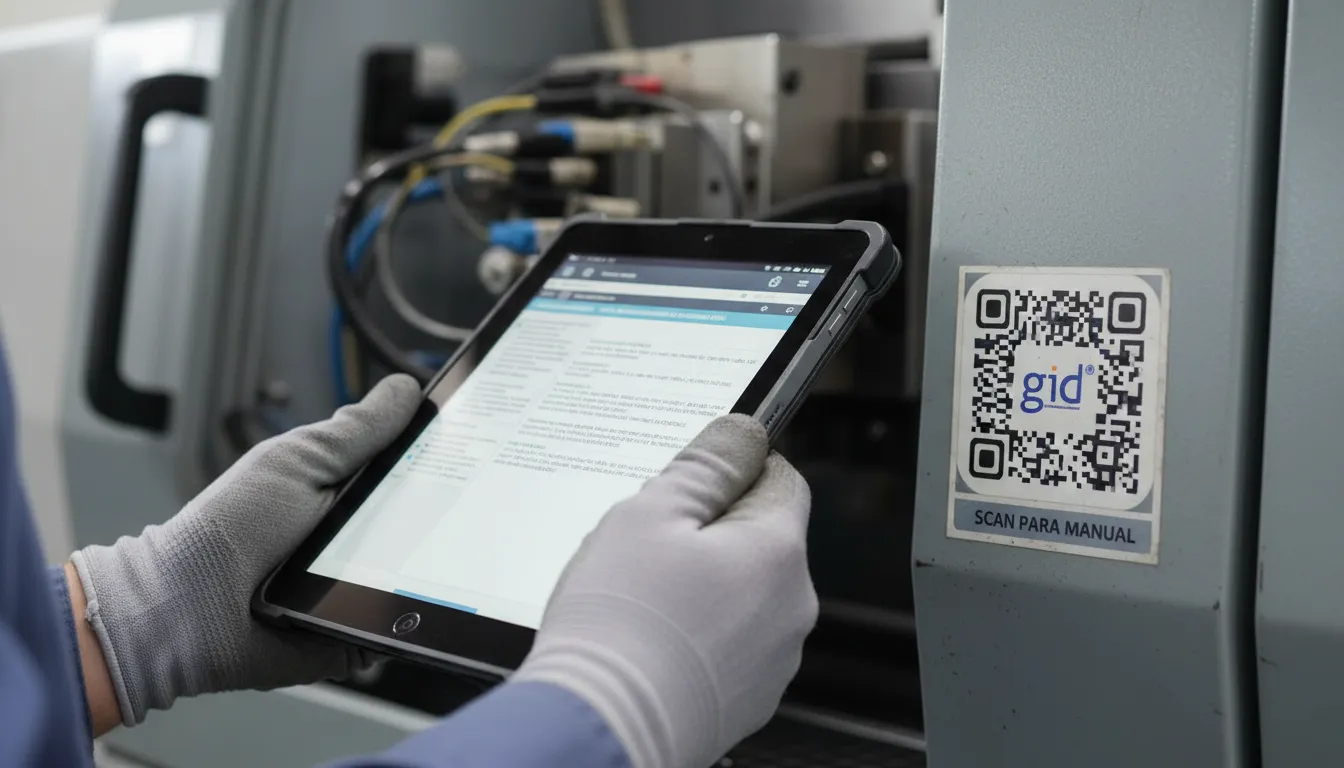 Close-up de um adesivo QR code personalizado em uma máquina, permitindo acesso rápido a um manual técnico digital exibido em um tablet. Soluções GID.