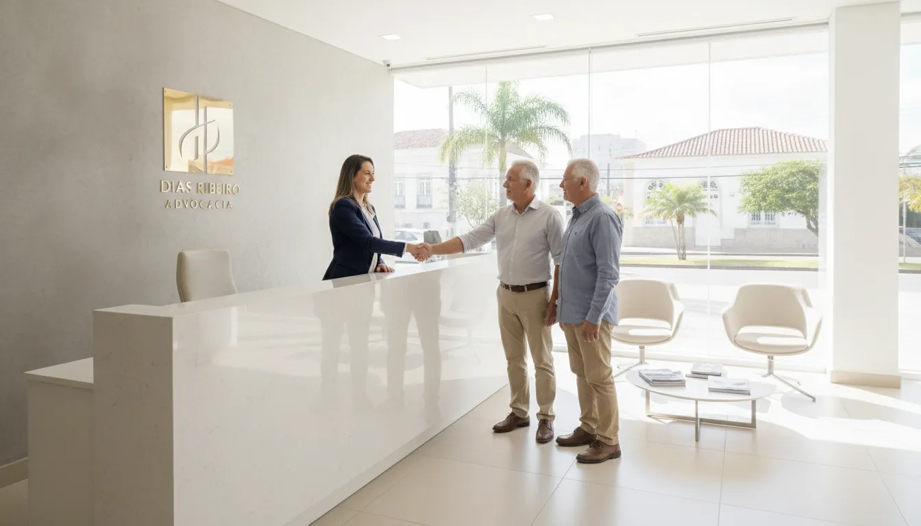 Advogado em Tietê: ação contra plano de saúde. Advogada cumprimenta casal em recepção de escritório moderno.