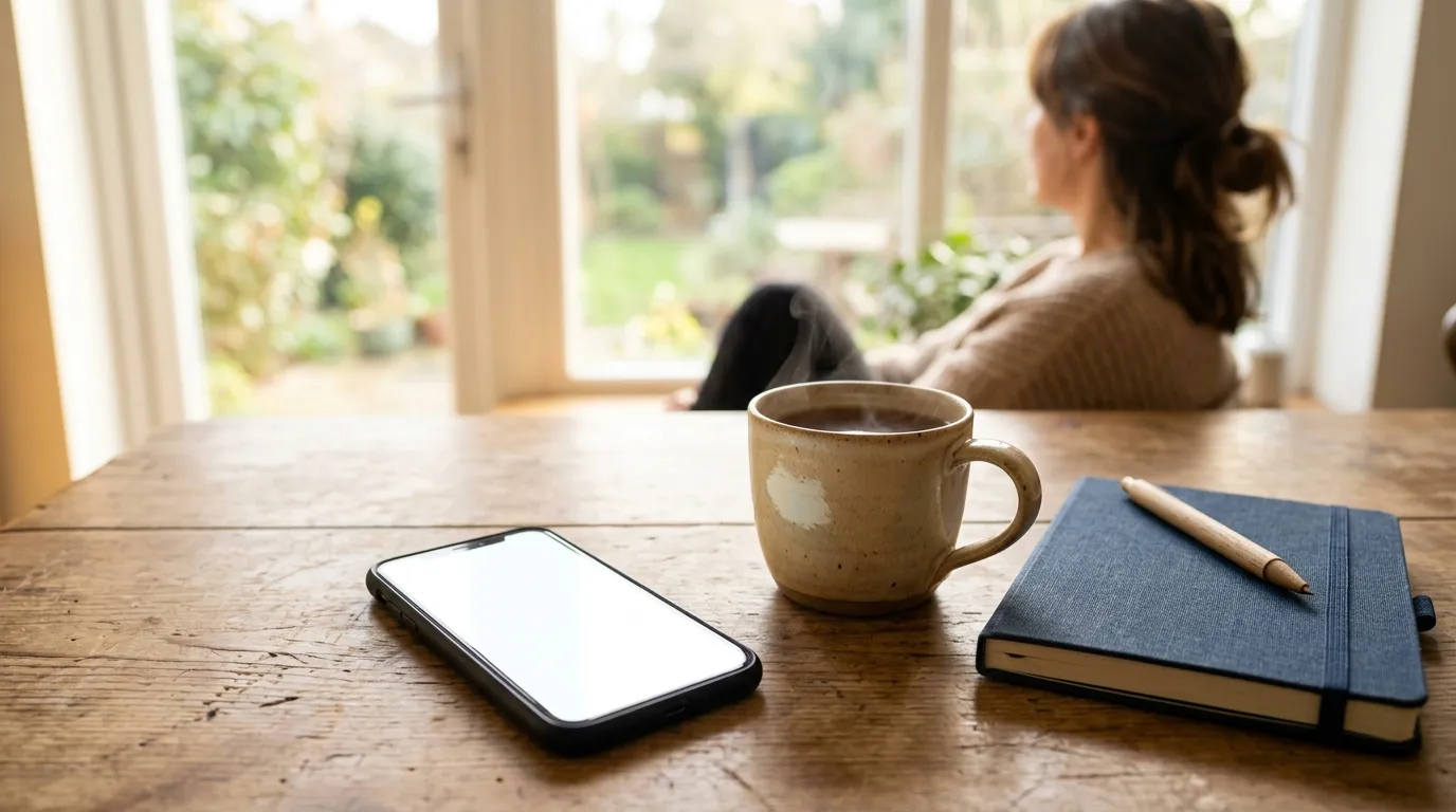 Celular desligado e xícara de chá sugerem pausa saudável das redes sociais para a saúde mental.