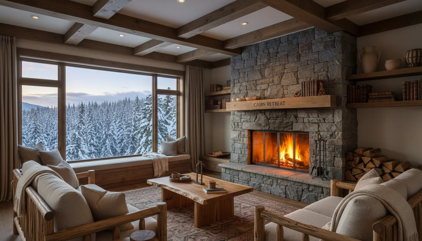 Interior aconchegante de cabana de alto padrão com vista para a floresta e móveis sustentáveis.