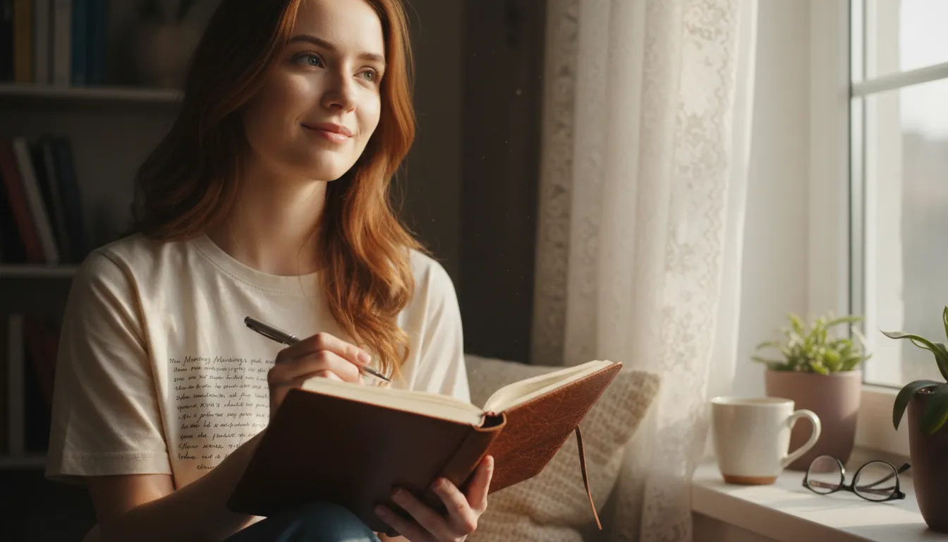 Jovem refletindo sobre planos para um novo ano, escrevendo em diário