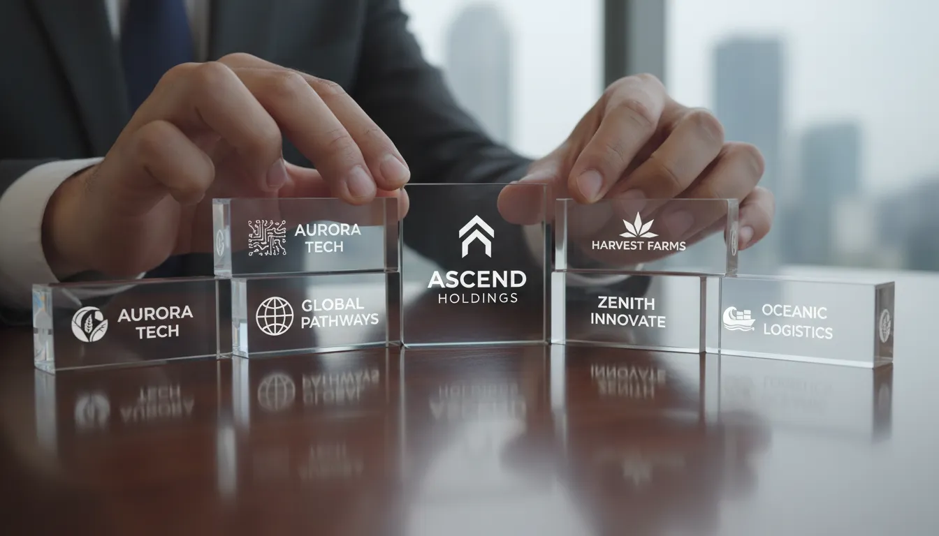 Mãos organizando blocos de subsidiárias sob uma holding, simbolizando estrutura empresarial.