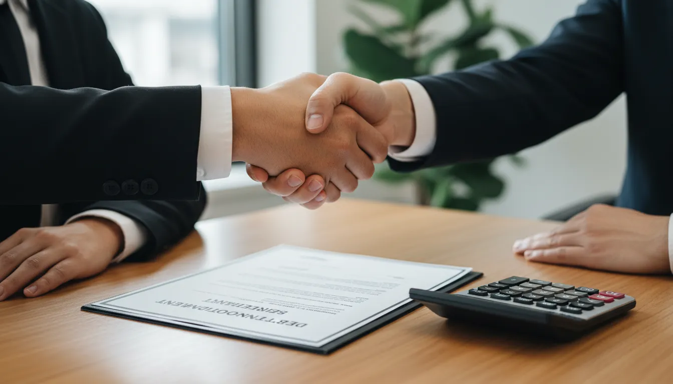 Aperto de mãos simbolizando negociação bem-sucedida para regularização de dívidas financeiras.