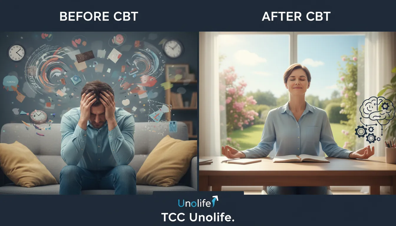 Representação visual do antes e depois da Terapia Cognitivo-Comportamental da Unolife, ilustrando a redução da ansiedade e o aumento do foco e bem-estar.