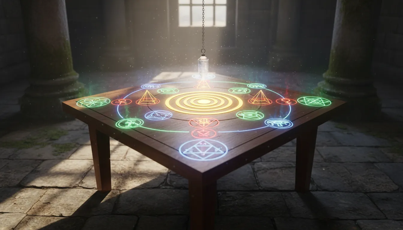 Mesa radiônica com formas geométricas e símbolos de cura, brilhando com energia vibrante, simbolizando cura energética e equilíbrio.