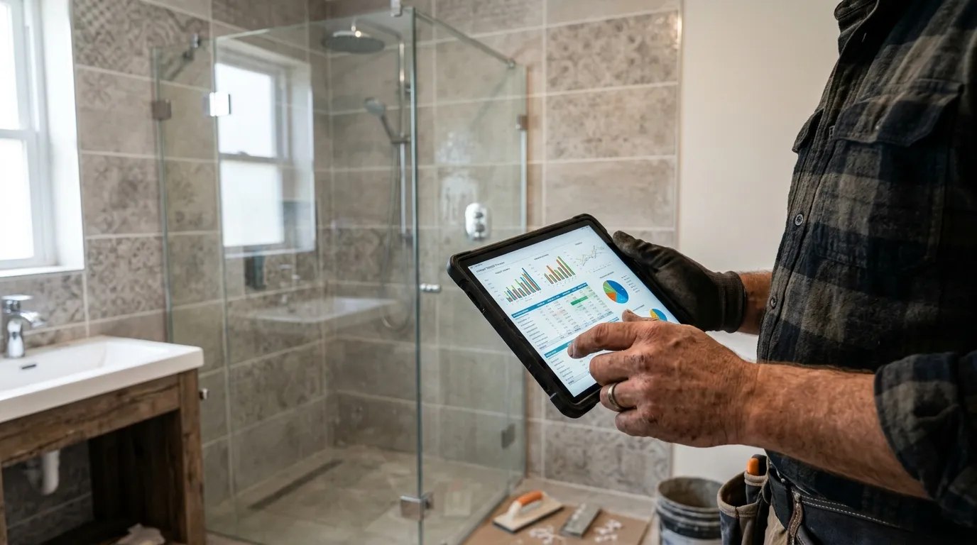 Planilha financeira em tablet mostrando planejamento para os custos da fase final da obra.