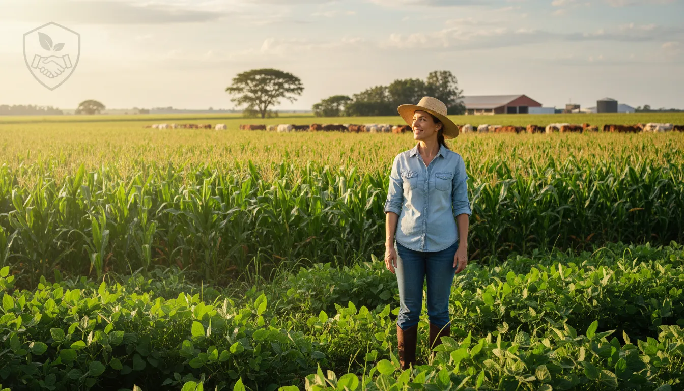 Produtor rural feliz e seguro, desfrutando da prosperidade garantida pelo seguro rural com assessoria jurídica.