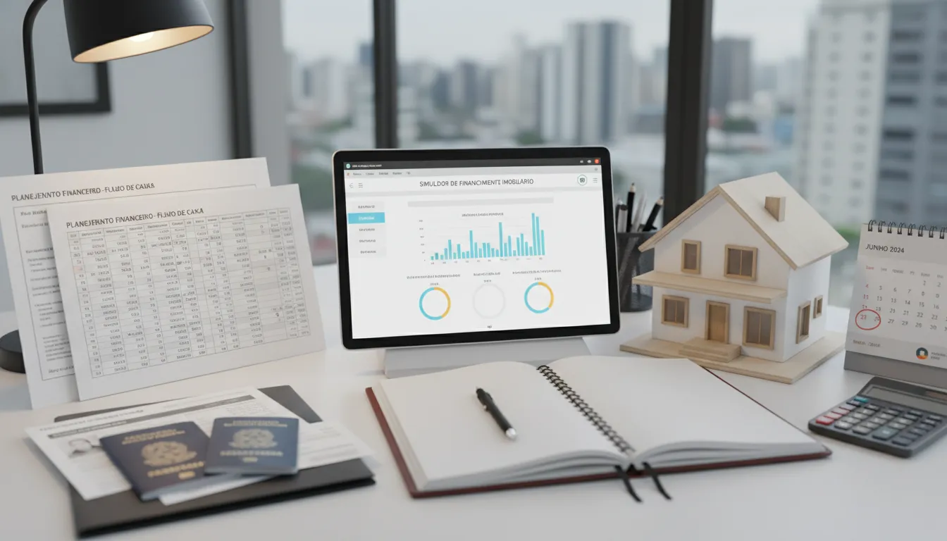 Mesa com planilhas, simulador online e modelo de casa, representando planejamento do financiamento imobiliário.