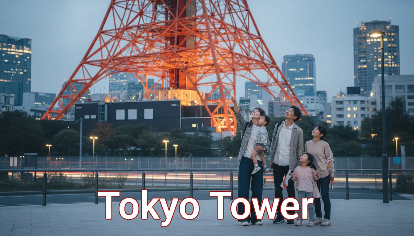 Close-up da estrutura da torre de Tóquio, com uma família admirando sua arquitetura.