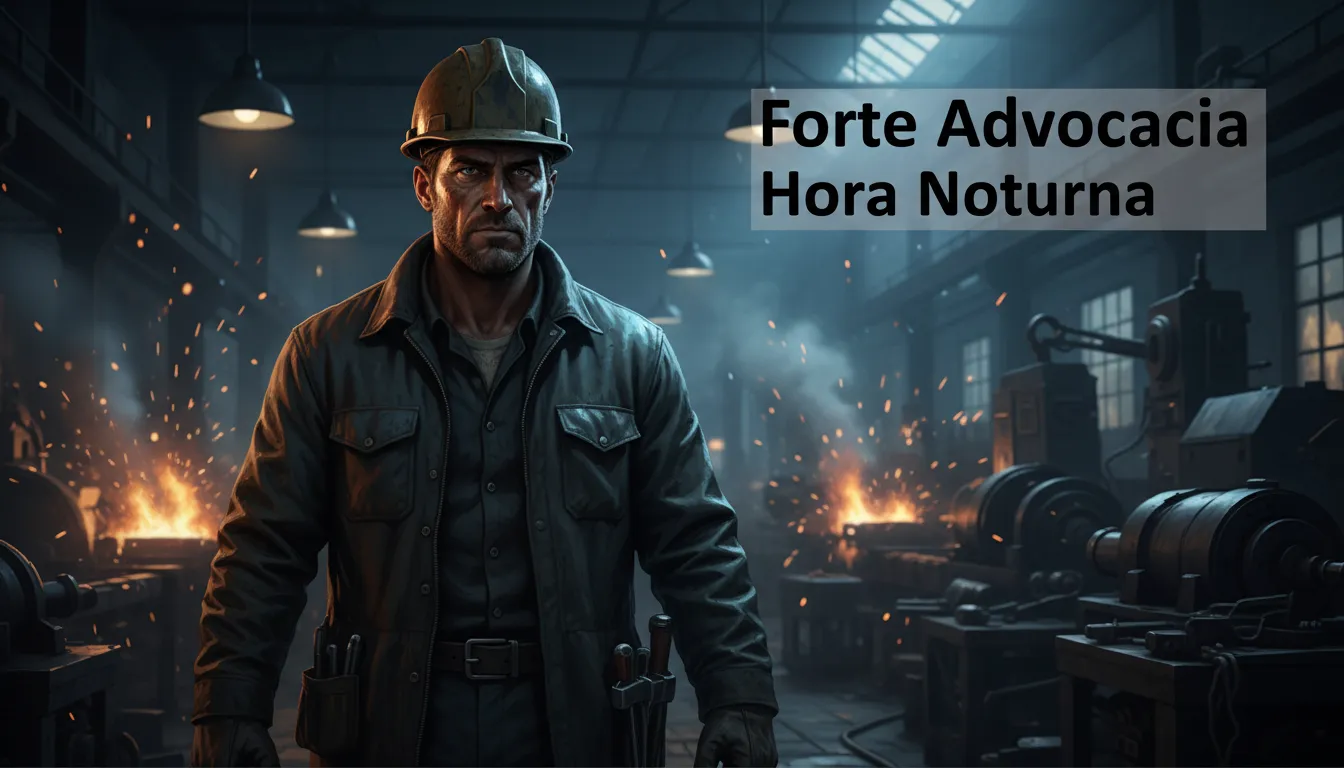 Um trabalhador em uma fábrica durante a noite, aparentando cansaço, simboliza o trabalho noturno e a necessidade de adicional noturno cálculo. Logotipo da Forte Advocacia.