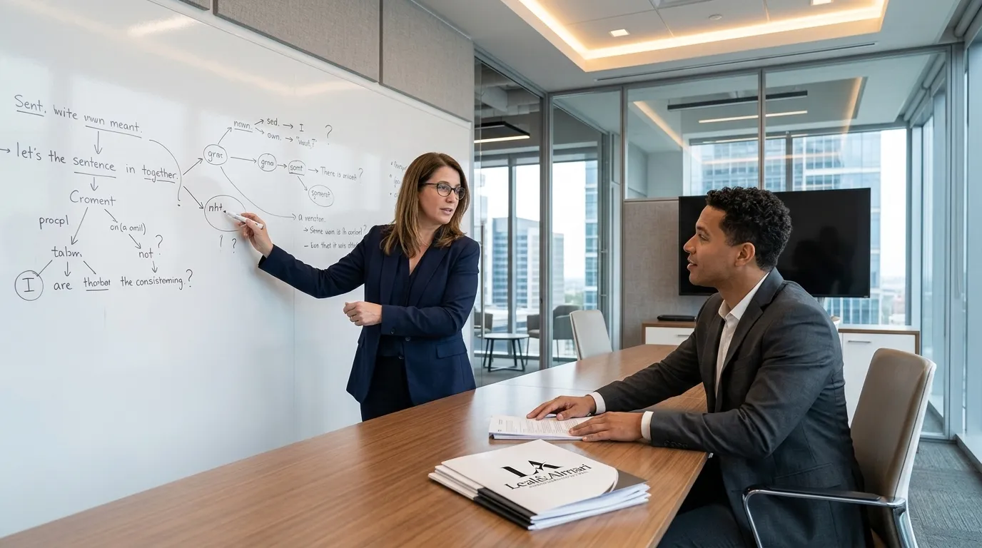Profissionais praticando perguntas em inglês com do e does durante reunião de trabalho.