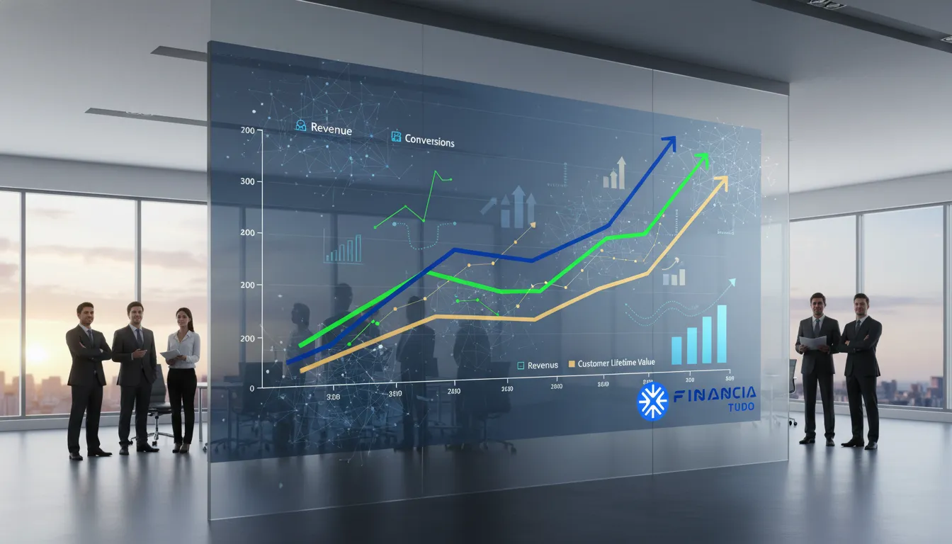 Gráfico visualmente atraente demonstra o sucesso da estratégia afiliado produtos financeiros, com KPIs em ascensão.